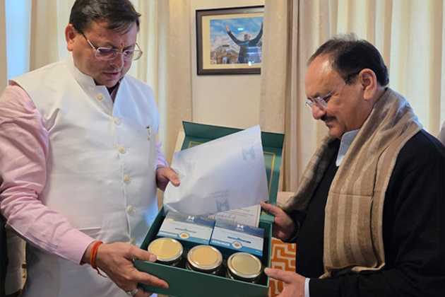 Uttarakhand CM Dhami presents 'House of Himalayas' products to Union Minister JP Nadda