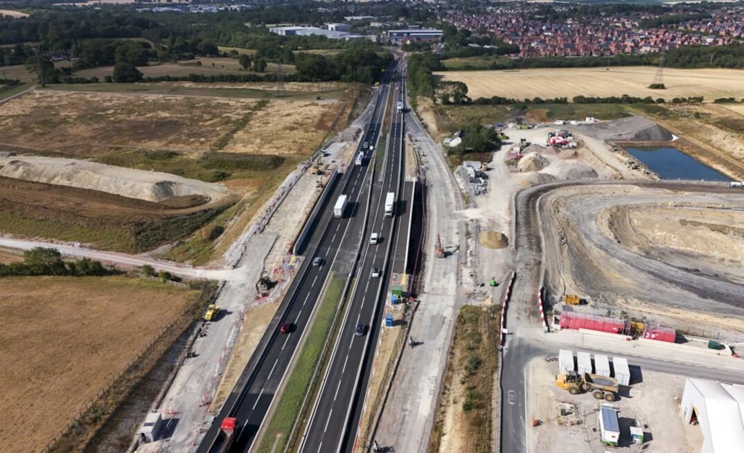 A43 looking towards Brackley with the two carriageways realigned across the new HS2 bridge July 2026