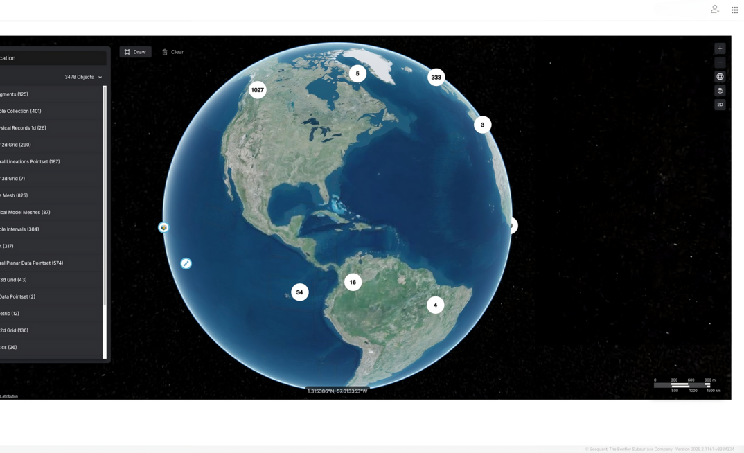 Geospatial Search in Seequent Evo showing sample data