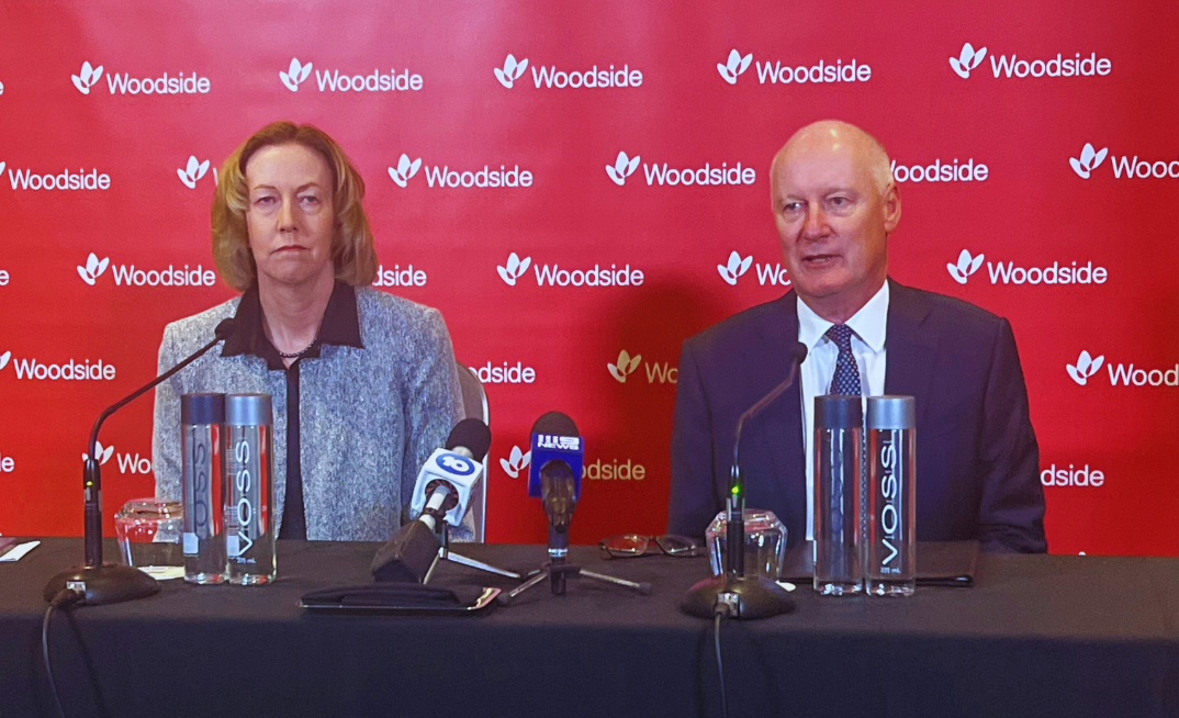 Woodside CEO Meg O'Neill and Chair Richard Goyder after last year’s AGM in Perth.