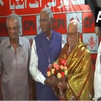 Opposition's Vice President candidate, B Sudershan Reddy visits CPI office, felicitated by D Raja