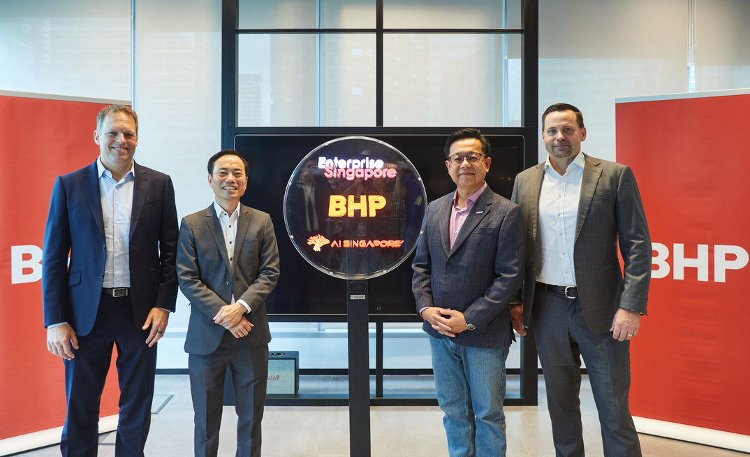 BHP chief technical officer Johan van Jaarsveld (left), Enterprise Singapore assistant managing director Pak Sing Lee, AI Singapore innovation director Laurence Liew and BHP chief commercial officer Rag Udd.