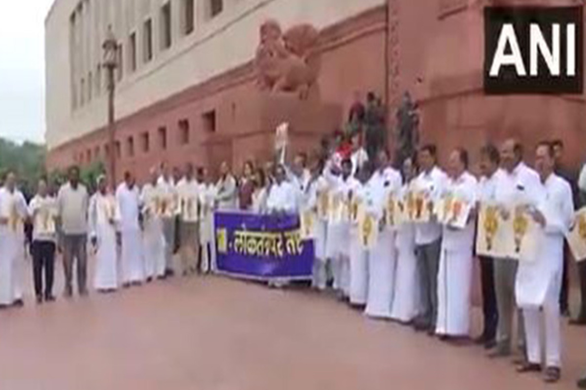 INDIA bloc MPs protest in Parliament premises over SIR in Bihar