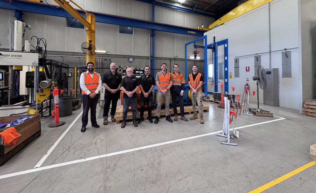 Steve Lewry and Adam Lees (Ontrak Engineering) pictured with Justin Towel and Harry Singh (Bonfiglioli), as well as members of HMA Group during the FAT at Bonfiglioli’s factory in Sydney