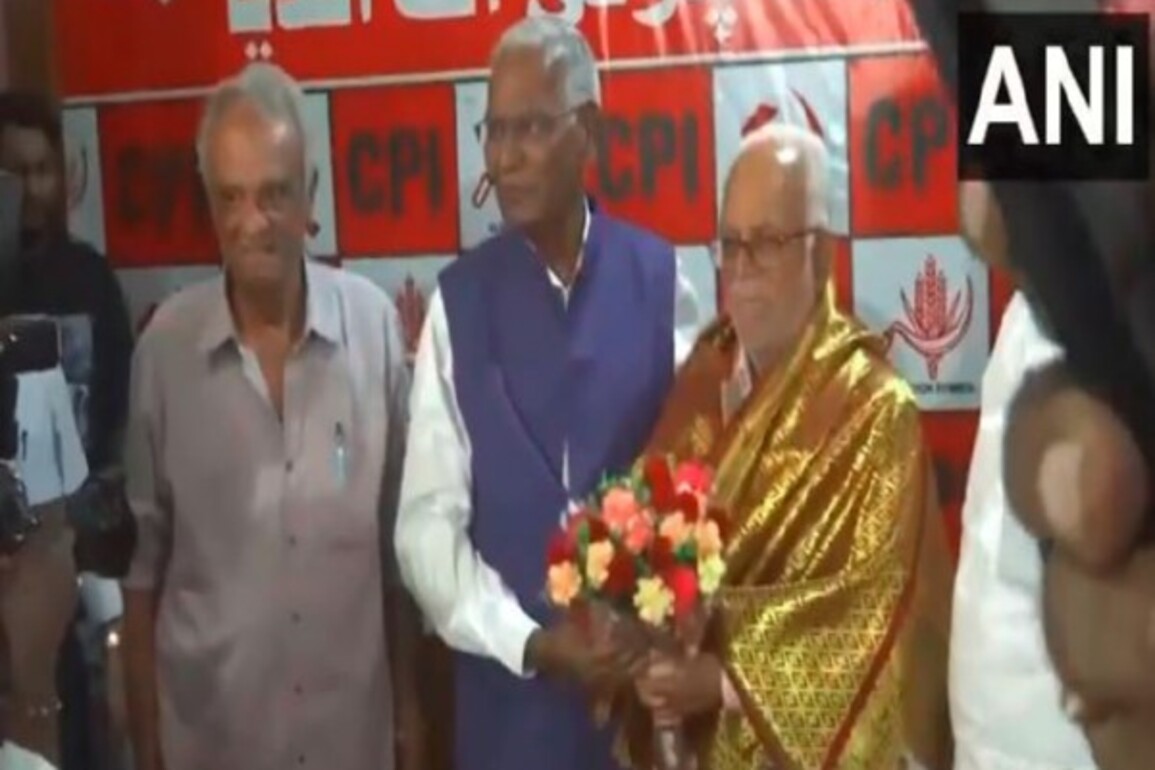 Opposition's Vice President candidate, B Sudershan Reddy visits CPI office, felicitated by D Raja