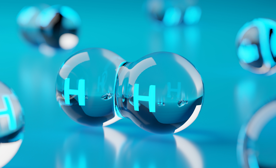 Abstract transparent hydrogen H2 molecules on blue background. credit: shutterstock/Shawn Hempel 