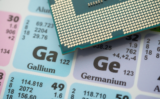 Ge (Germanium) Ga (Gallium) in the periodic table with CPU processor.  Credit Shutterstock