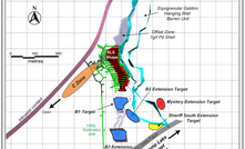  Plan-view image of the 1065m level in the Offset Block showing the current underground exploration targets adjacent to the sub-level shrinkage reserves and planned mine development (green lines)