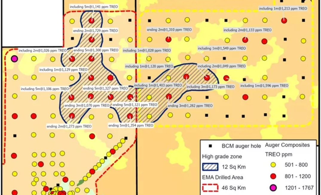 Mapa de sondagem da Brazilian Critical Minerals no projeto de terras raras Ema