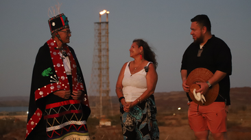 Left to right: Hereditary Chief Na’Moks of the Wet’suwet’en Nation, Murujuga custodian Raelene Cooper and Gitxsan leader Gwii Lok’im Gibuu