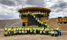  Customers and distributors gathered in front of Komatsu's 980E-5AT truck at the company's Automation Global User Forum at the Komatsu Arizona Proving Grounds facility in Tucson, Arizona, US