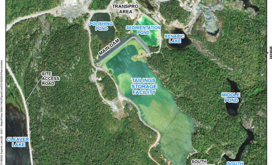 Winston Lake mine site infrastructure including plant site, tailings and water storage facilities