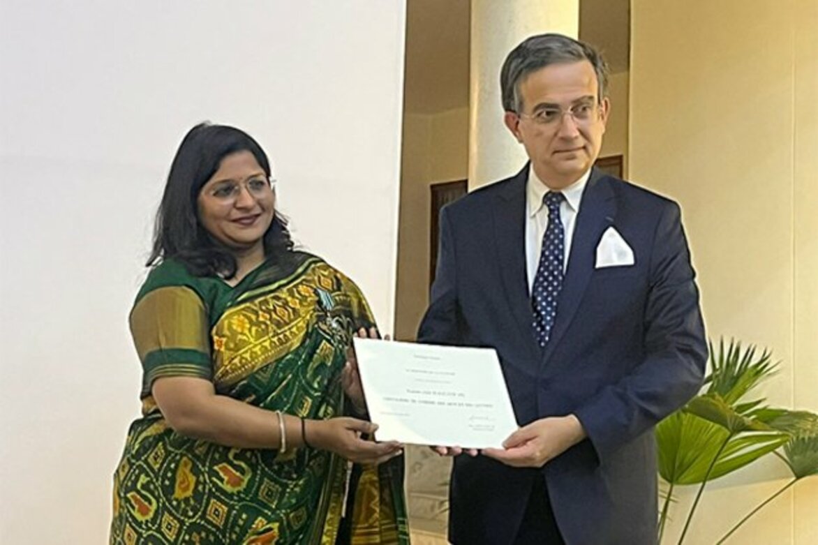 French Ambassador Thierry Mathou confers Chevalier dans l'Ordre des Arts et des Lettres on Aditi Maheshwari