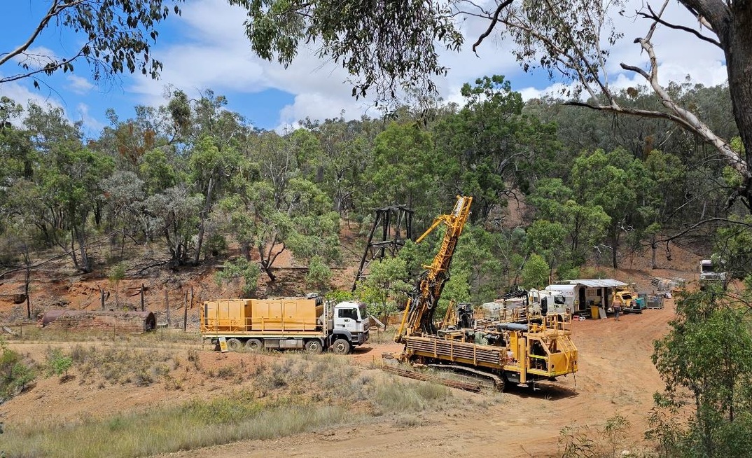 Drilling next to the old Gulf Creek headframe and smelter stack