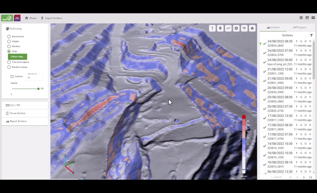 Maptek’s GeoSpatial Manager allows users to review surfaces for specified dates and times