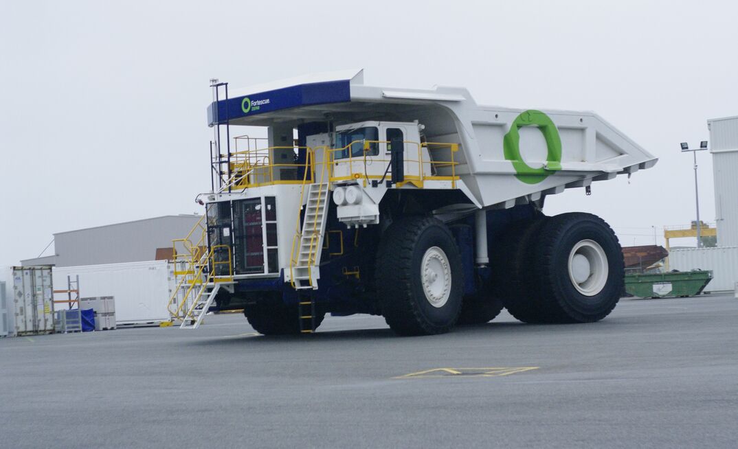 A Fortescue-Liebherr battery-electric prototype putting on a show.