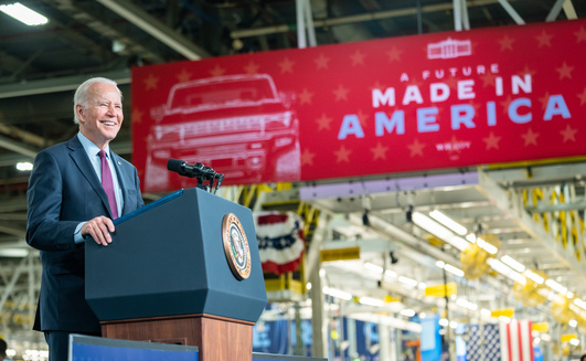 US president Joe Biden at the General Motors electric vehicle assembly plant in Detroit in 2021. Credit: White House/Adam Schultz