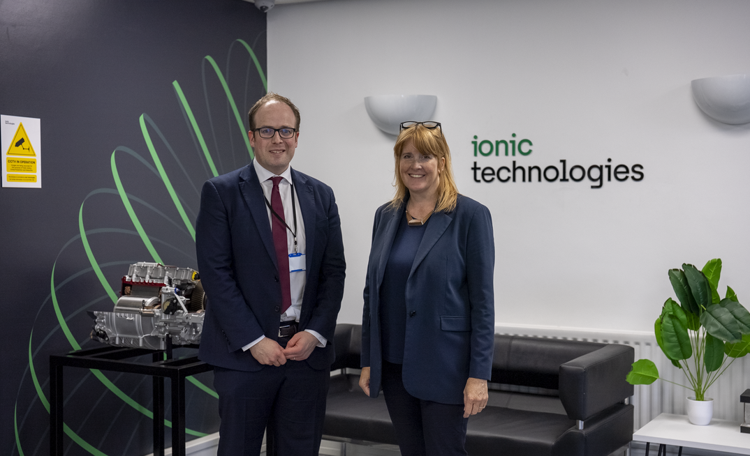 Ionic Technologies’ director of operations, Thomas Kelly, with Minister of State Sarah Jones at Ionic’s Belfast demonstration plant