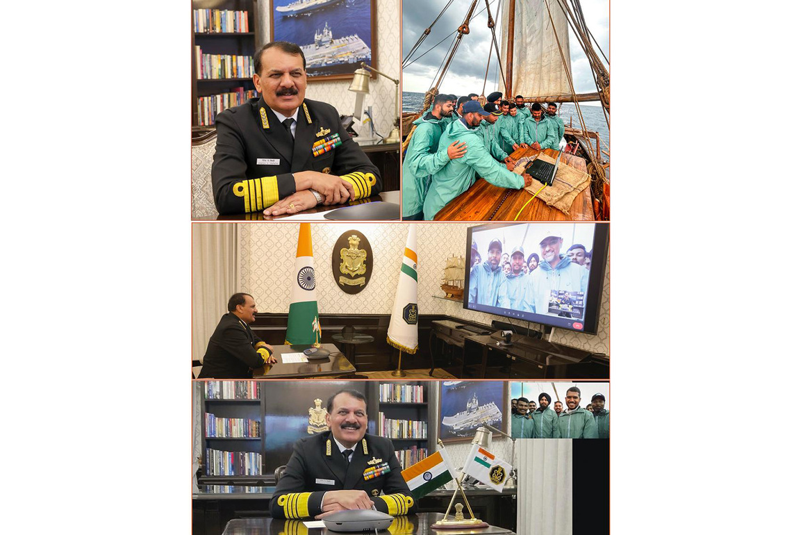 CNS Admiral Tripathi interacts with INSV Kaundinya crew, lauds proficiency, resilience on maiden overseas voyage