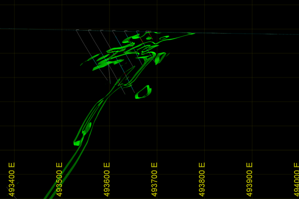 Cross-section view of the 1000ppm copper indicator model created by DomainMCF showing untested potential extensions at depth. Credit: Maptek