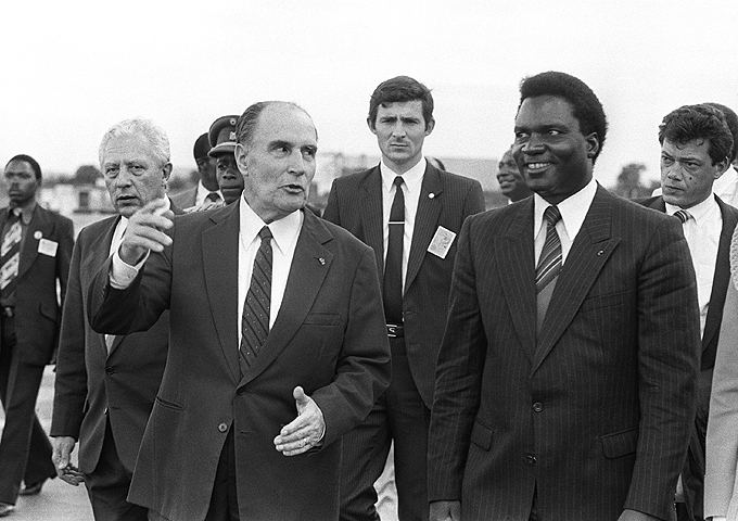 1984 photo shows rench resident ranois itterrand  speaking with his wandan counterpart uvenal abyarimana on his arrival in igali     