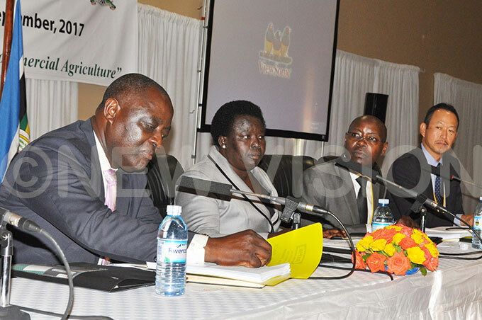  rom  inister of griculture nimal ndustry and isheries  incent sempija the chairperson agricultural committee owila ketayot  the permanent secretary ministry of agriculture ius akabi and the chief representative apan nternational ooperation gency ganda  yosuke awazumi during the 7th  joint annual review workshop 