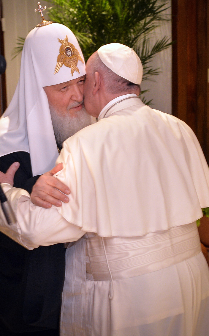   handout picture released by atican press office sservatore omano on ebruary 13 2016 shows ope rancis  hugging the head of the ussian rthodox hurch atriarch irill during a historic meeting in avana on ebruary 12 2016