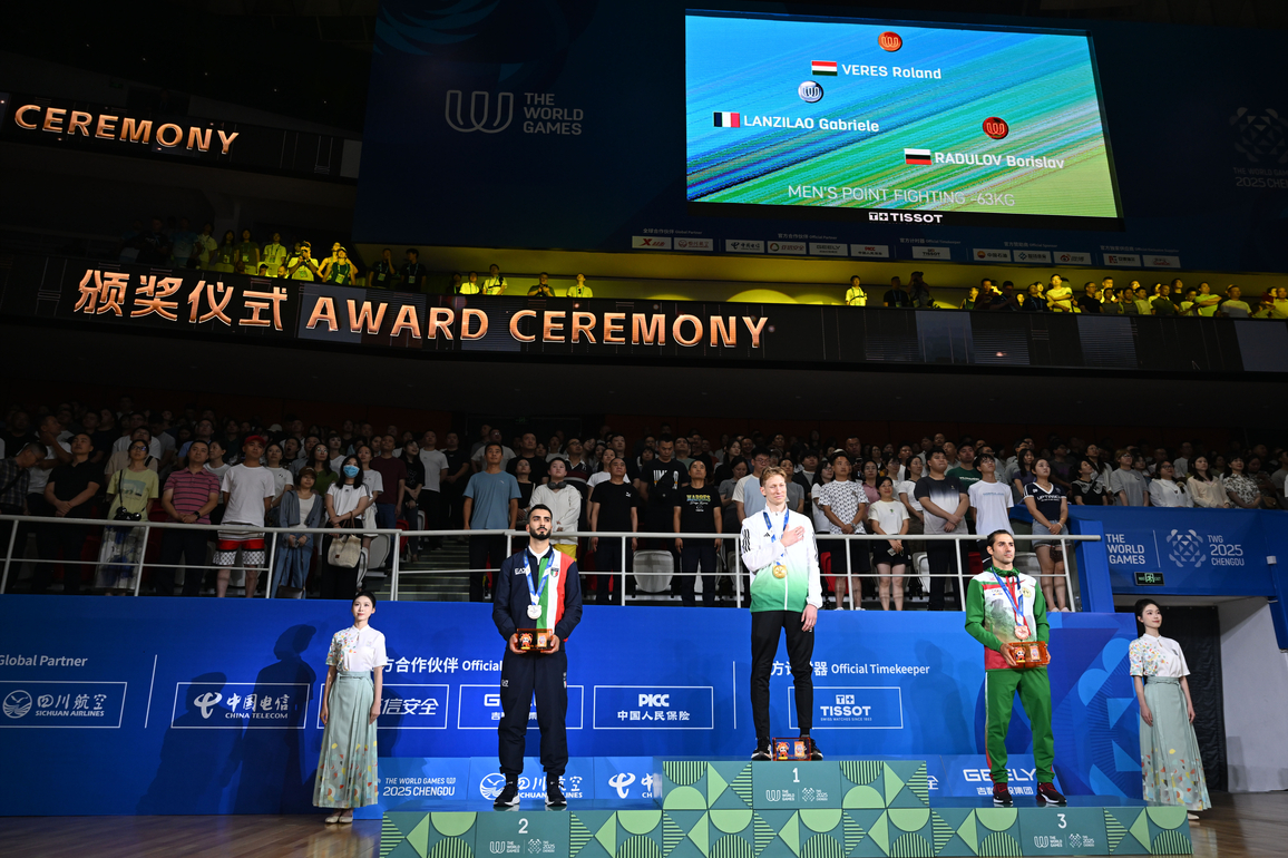 (SP)CHINA-CHENGDU-THE WORLD GAMES 2025-KICKBOXING-MEN'S POINT FIGHTING -63KG-VICTORY CEREMONY (CN)