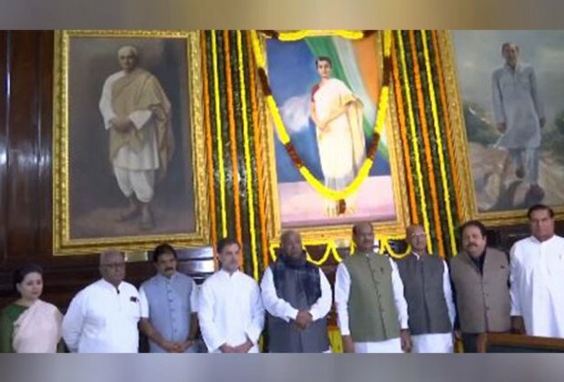 Congress leader Malikarjun Kharge, Rahul Gandhi and other leaders pay floral tribute to former PM Indira Gandhi at Samvidhan Sadhan