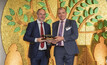  WA mines minister Bill Johnston (left) presents Sandfire chief commercial officer Robert Klug with the Golden Gecko award