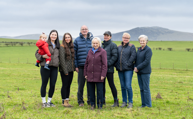 John Hall (centre) with, from left to right: Great-granddaughter Bonnie Savage, granddaughter Holly Skelton, granddaughter April Skelton, wife Mary Hall, daughter Joanne Hall, daughter Rosemary Pollard and sister-in-law Elizabeth Hall