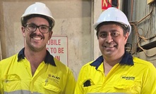 Norton senior project geologist Jacob Lynch-Harlow and Horizon CFO Julian Tambyrajah with the first gold bars poured from Boorara.