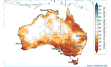  BOM predicts October to December rainfall is likely (60 to 80% chance) to be below median for much of Australia. Chart courtesy of BOM. 