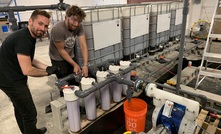  Lilac Solutions engineers Dennis Neymit (left) and Alex Gershanov working on a pilot-scale lithium extraction system at Lilac’s facility in Oakland