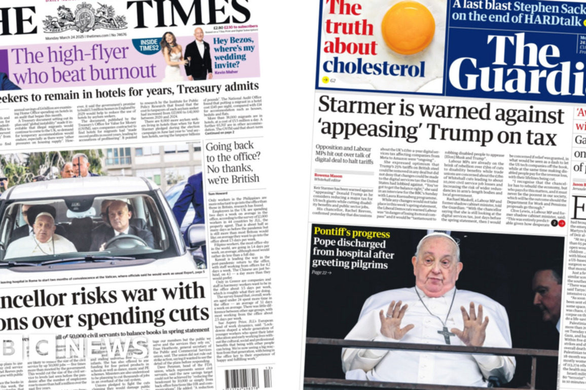 Newspaper headlines- 'Reeves risks union war' and 'Pontiff's progress'
