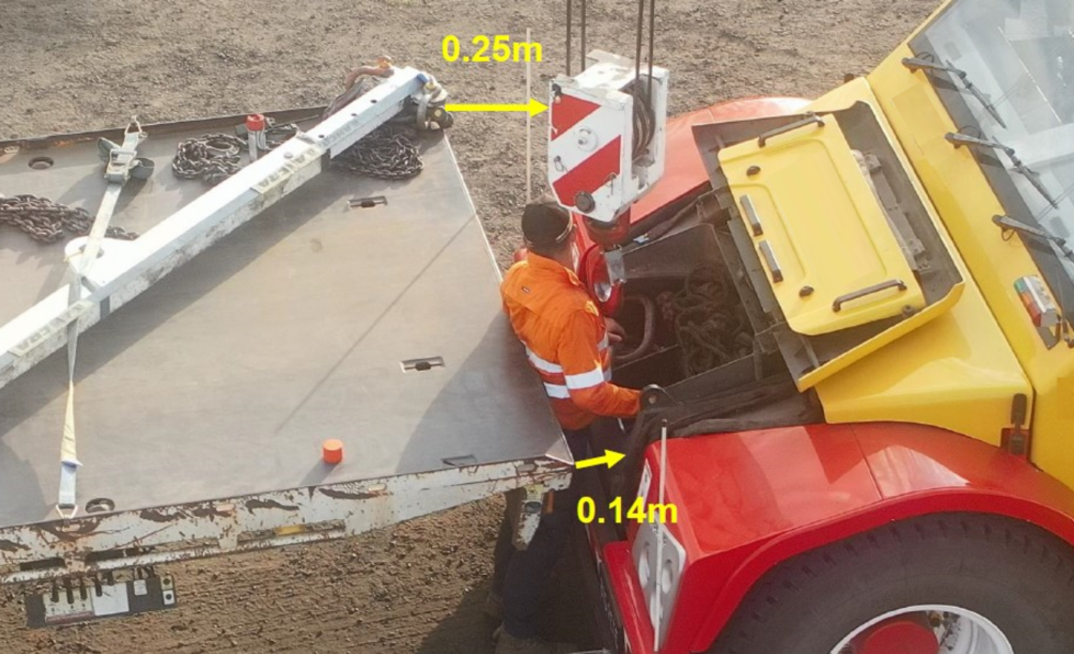 The image (a careful reenactment) demonstrates the point where the tilt tray stopped after reversing and where the worker was positioned.