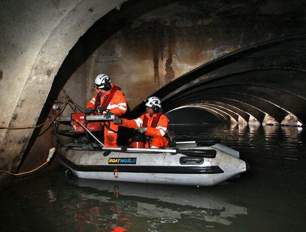 Geosciences used an inflatable boat to gain access to the Megatron culvert in Sheffield, UK, to collect concrete core samples 