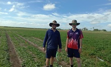  Home Hill, Queensland, farmer Aaron Linton with CQUniversity researcher Isaac Cardillo. Image courtesy CQ University.