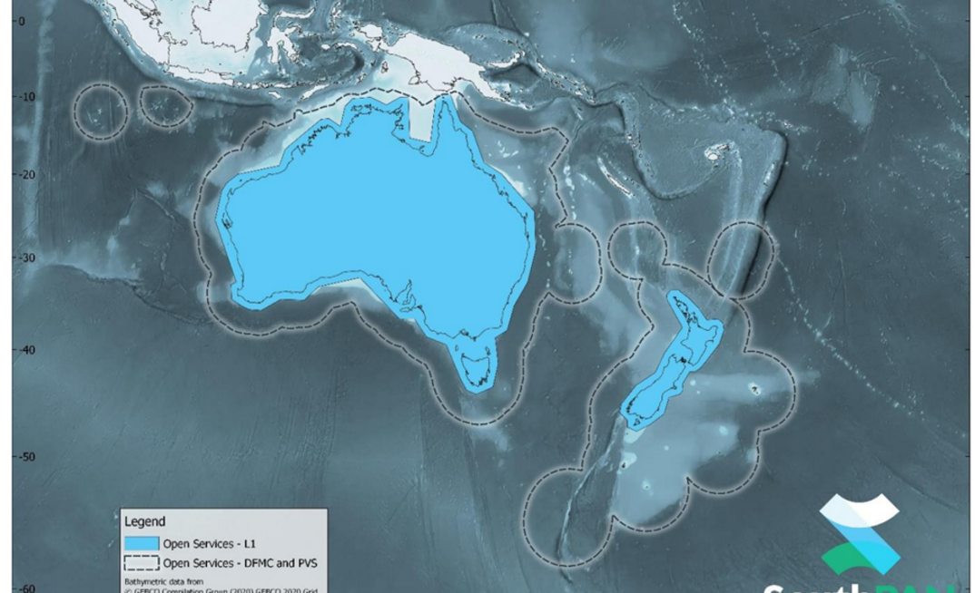 SouthPAN early Open Services coverage. OS-L1 covers mainland Australia and New Zealand. OS-DFMC and OS-PVS cover both countries Exclusive Economic Zones.