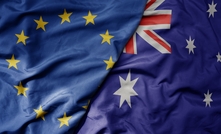 big waving realistic national colorful flag of european union and national flag of australia