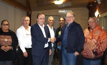 Signing the Nyalpa Pirniku agreement. (L-R) Vanessa Thomas, Murray Stubbs, George Sakalidis, Quinton Tucker, Darren Polak, David Canning and Greg Stubbs