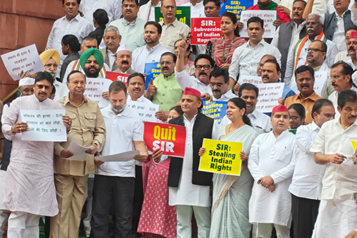 INDIA bloc protests against Bihar SIR at Parliament