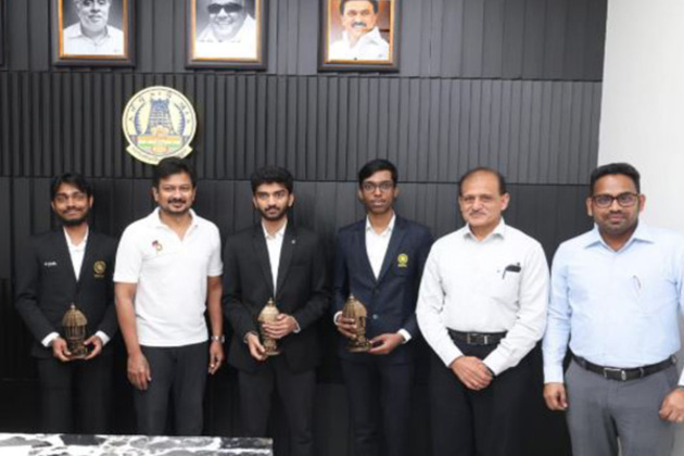 TN Deputy CM Udhayanidhi Stalin honours Gukesh, Praggnanandhaa and Chithambaram for top performances at international chess events