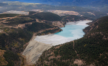 An aerial view of a copper mine tailing pond in the interior British Columbia, Canada