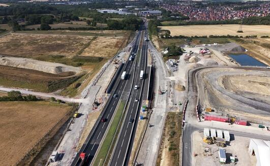 A43 looking towards Brackley with the two carriageways realigned across the new HS2 bridge July 2026