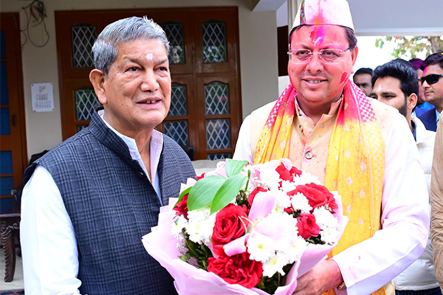 Holi camaraderie: Uttarakhand CM Pushkar Dhami meets senior Congress leader Harish Rawat