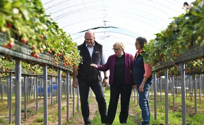 NFU President Tom Bradshaw, Farming Minister Dame Angela Eagle, NFU member Marion Regan. Credit: PagePix
