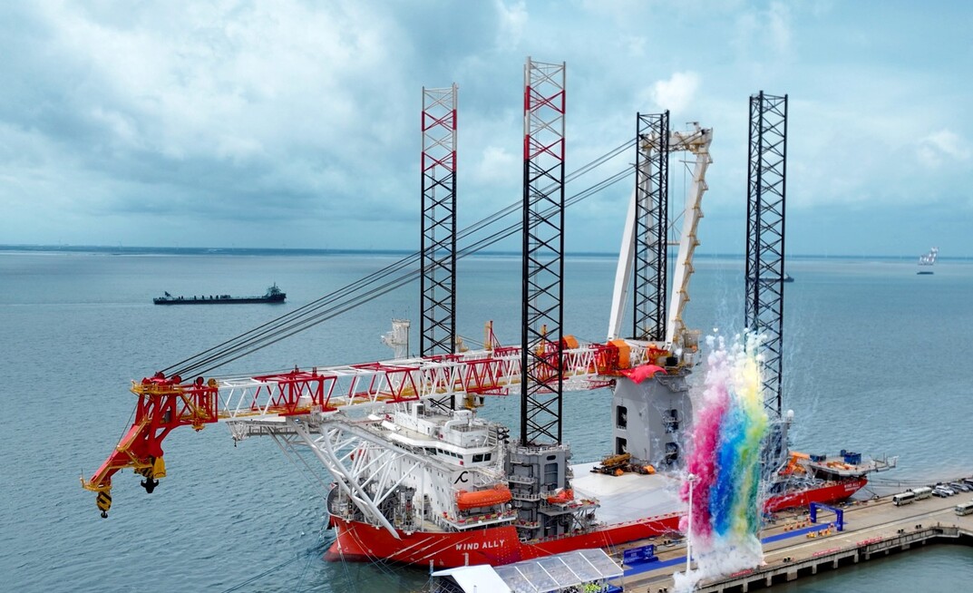 The naming ceremony taking place for Cadeler’s Wind Ally marking the successful construction of the company’s first A-class vessel