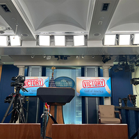 White House briefing room TV screens display "Victory" and "Gulf of America"