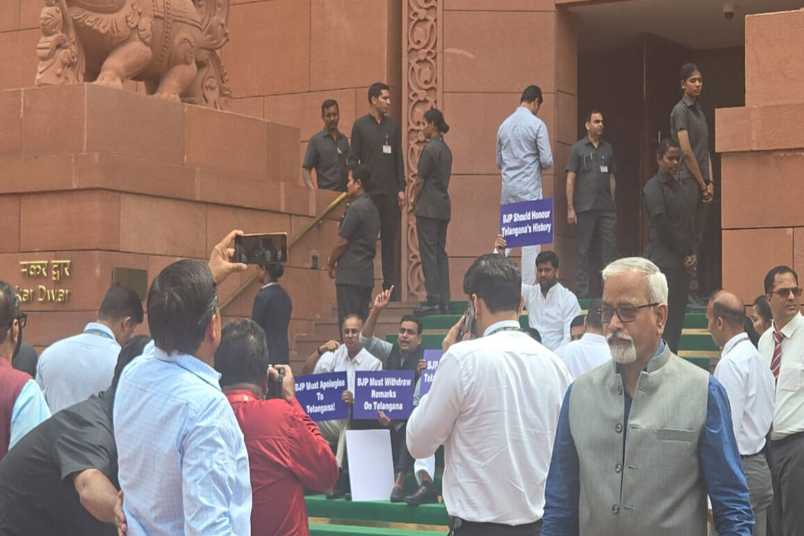 Parliament Session: Oppn MPs from Telangana protest against Tejasvi Surya's remarks in Lok Sabha